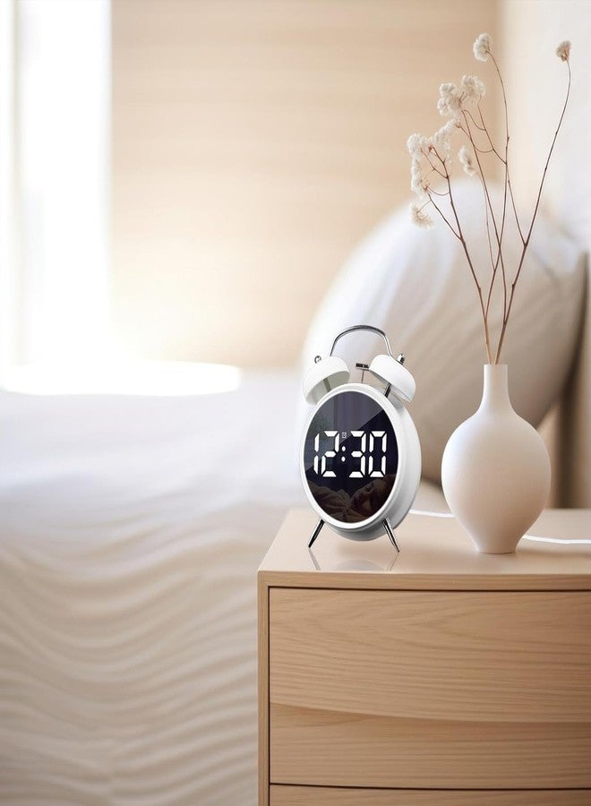 LEVGRY Digital Small Alarm Clock, 4.5 Inch Double Bell Intelligent LED AlarmClock, Silent Metal AlarmClock with Night Light, Bedside Loud Alarm Clock for Heavy Sleepers Adults Kids Teenager (White) - Image 3